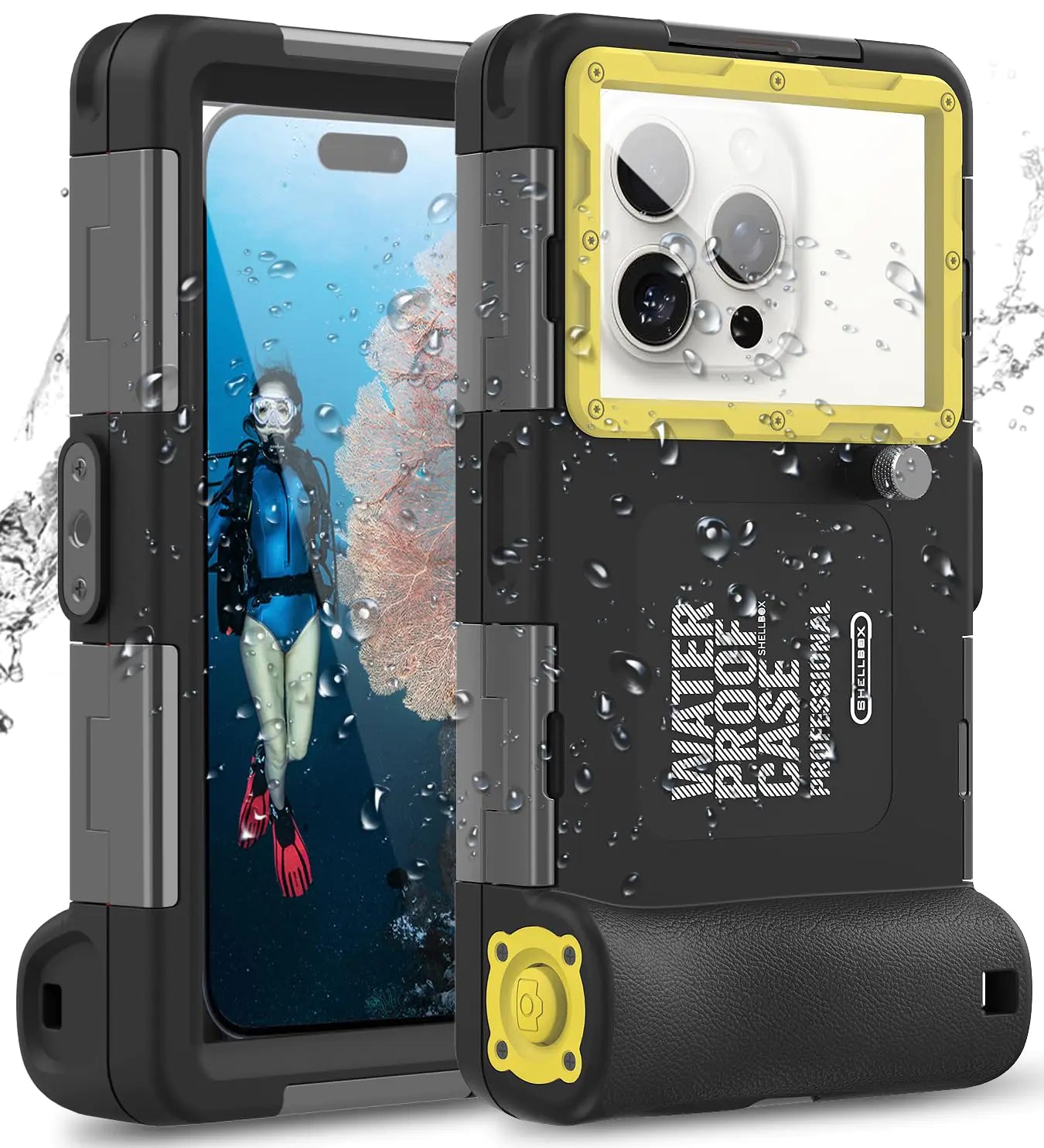 Ezanmull Professional Snorkeling Diving Waterproof Phone Case for iPhone 15/14/13/12/11 Pro Max/XR/XS/X/Galaxy S24/S23/S22/S21 Plus Ultra Underwater 50ft/15m Photo & Video Protective (BK/Yellow)