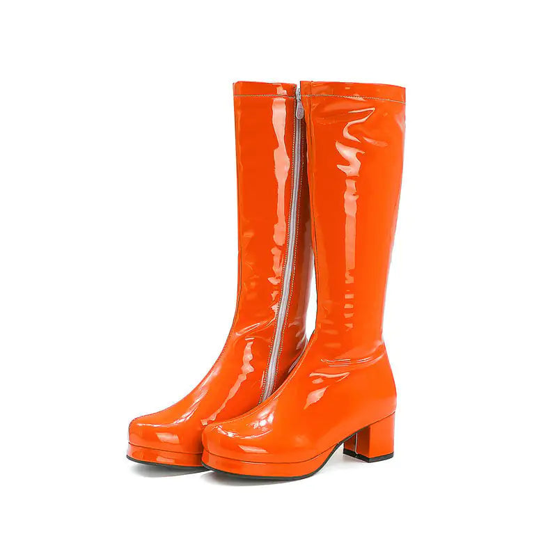 🥾: Chunky Heel Patent Leather Mid Calf Women's Boots - Waterproof Square Toe
