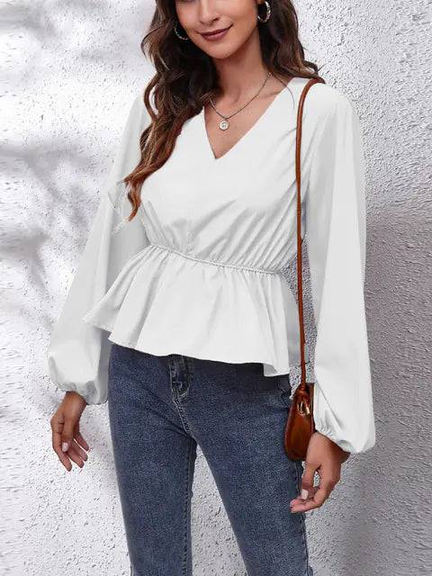 👚 Women's Lantern Sleeve Blouse - Elegant Waist-Tight Casual Office Shirt