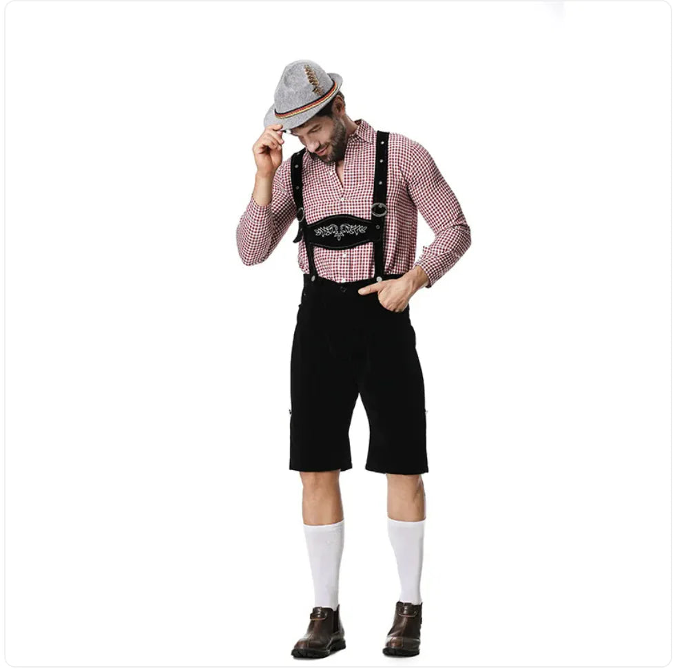 🎃: Men's Oktoberfest Costume - Plaid Shirt, Bib Shorts, & Hat Set