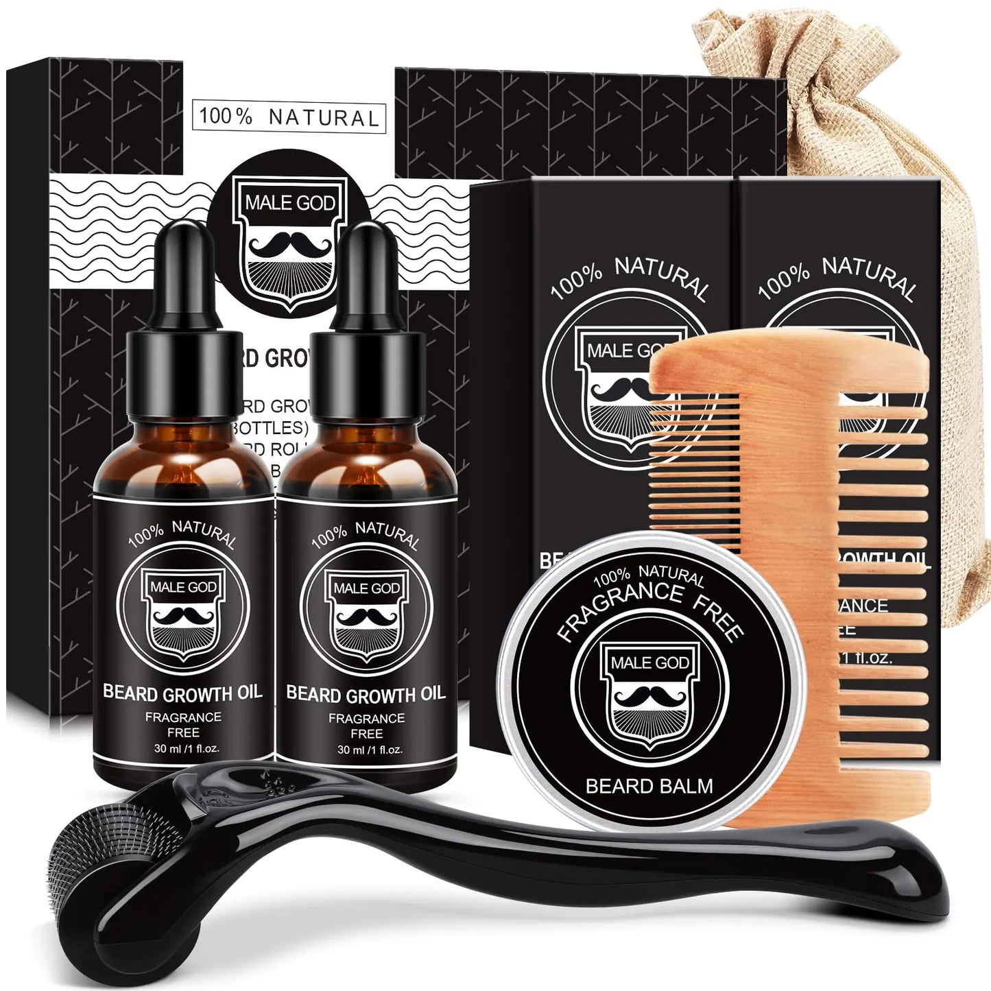 MALE GOD Beard Growth Kit, Beard Kit W/Beard Growth Oil, Balm, Comb, Massager for Spot/Patchy Beard, Christmas & Birthday Gifts for Men Him Boyfriend Husband