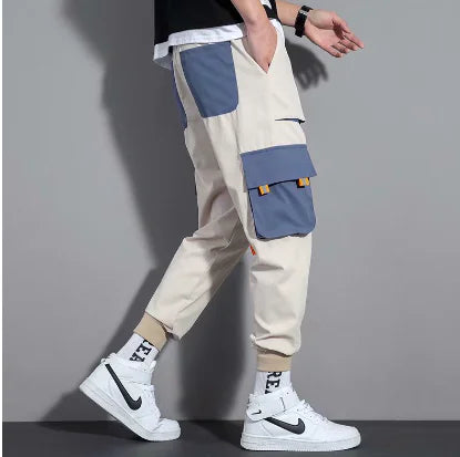 👖: Color-Blocked Cargo Pants with Large Pockets - Men's Streetwear Cotton