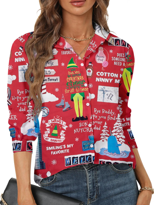 🎅: Christmas Long Sleeve Shirt Women - Santa Snowman Holiday Top Red