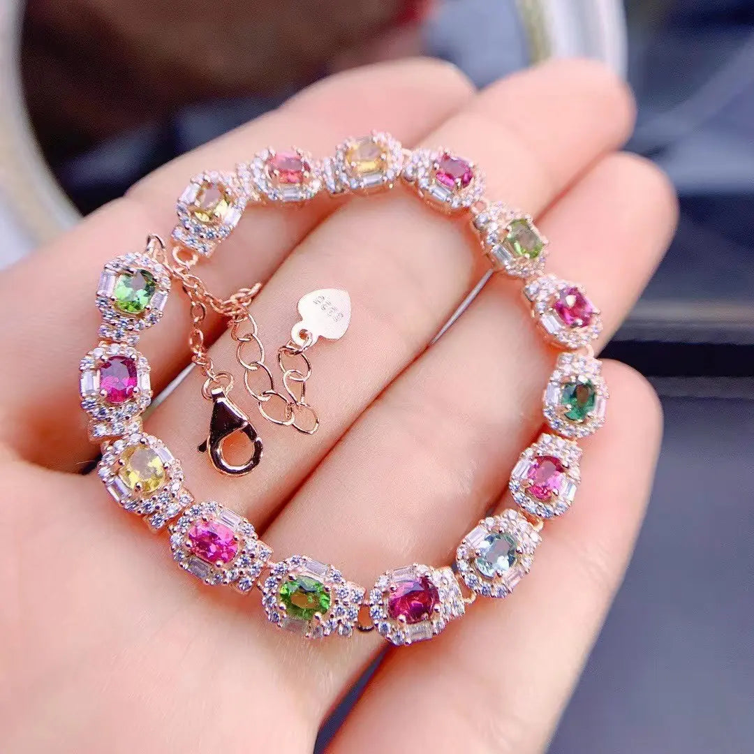 💎: 925 Sterling Silver Tourmaline Inlaid Bracelet - Luxury Gemstone Jewelry